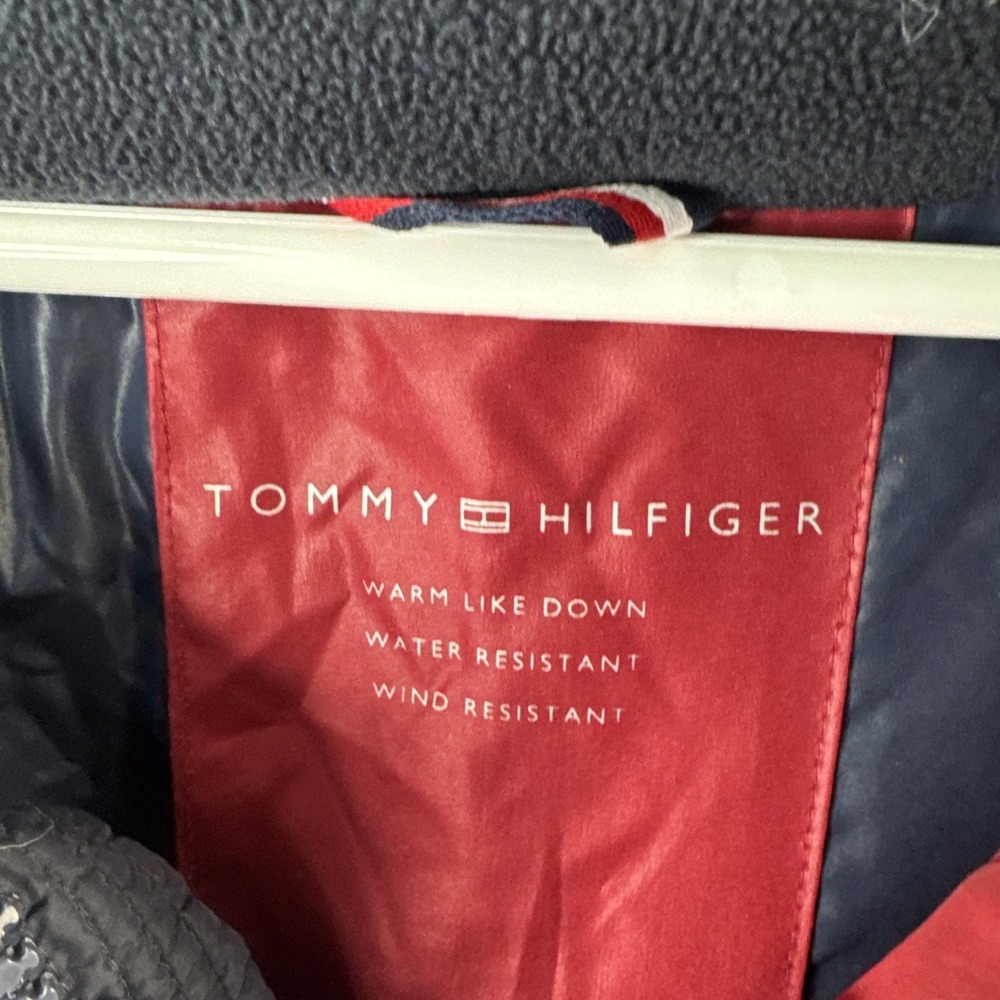 Tommy Hilfiger Mens Colorblock Hooded Puffer Jacket Red White Navy Blue Size XL - Picture 2 of 7
